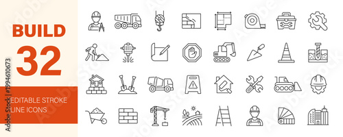 Build and construction icon set. Editable line icons. Vector illustration.