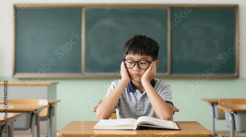 Young Student Struggling to Focus on Homework in Empty Classroom