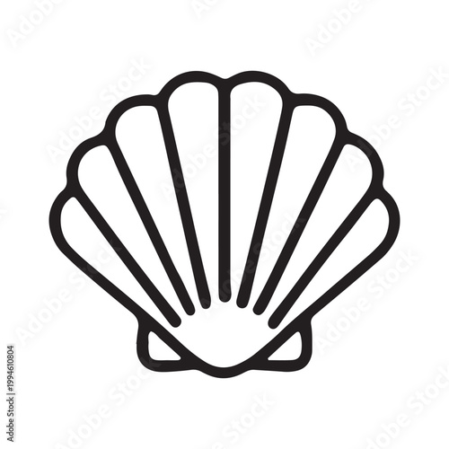 Scallop shell icon, seafood symbol, ocean element, black line art
