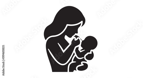 Mother holding newborn baby silhouette icon for maternity and breastfeeding concept