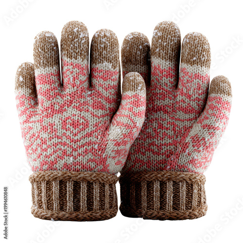 Knitted winter gloves with pink snowflake pattern and brown cuffs image