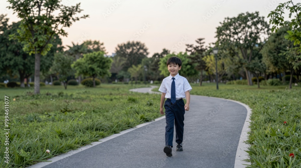 Obraz premium Young Boy in Formal Attire Walking on Pathway in Green Park