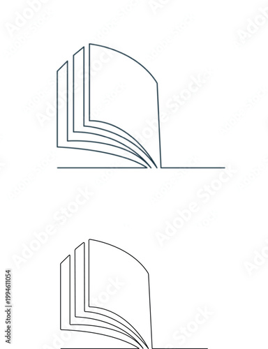 Open book abstract line art with fanned pages and dark blue outline vector