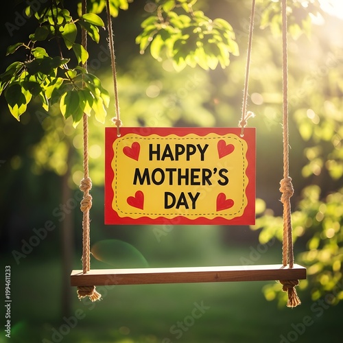 Happy mother's day wooden swing sign with hearts bathed in warm sunlight