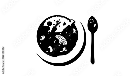 Plate of creamy chicken stew with rice and vegetables minimal vector illustration