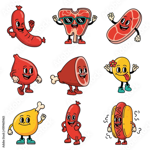 Funny Cartoon Meat Characters Set: Sausage, Steak, Ham, Hot Dog