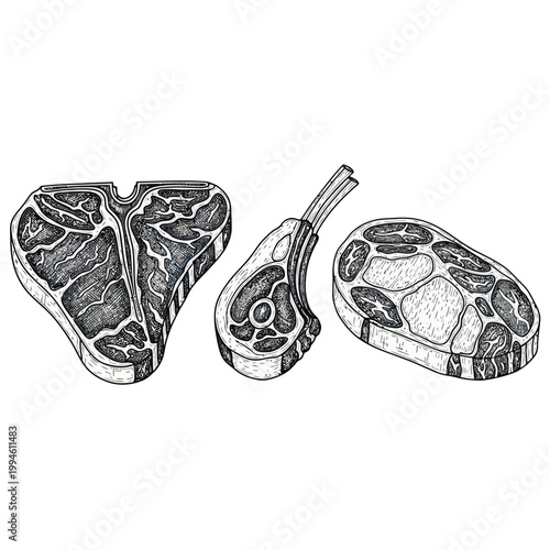 Hand-Drawn Assortment of Raw Meat Cuts - Steak, Chop, and Roast