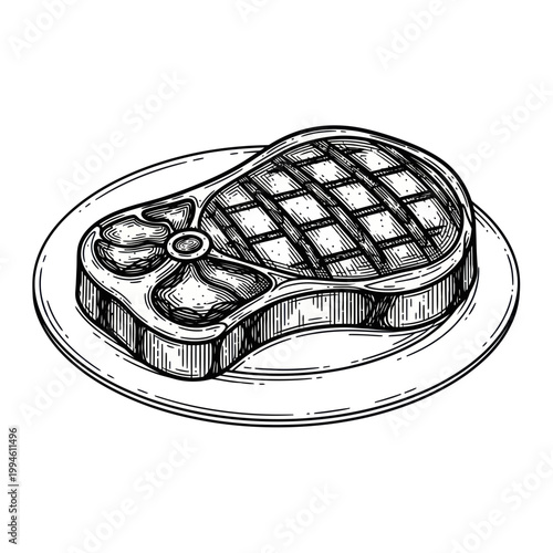 Hand-drawn Steak on Plate, Grilling Mark, Vintage Sketch Style