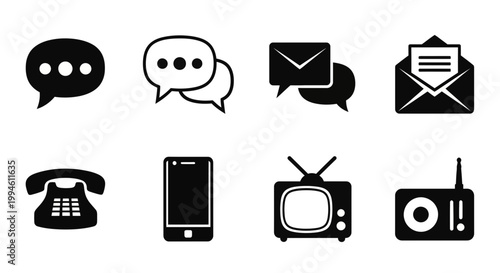 Communication Icons: Speech Bubbles, Envelope, Phone, Smartphone, TV, Radio