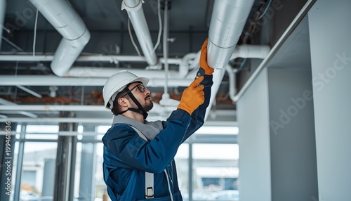 A plumber installing new PVC pipes in a modern building, wearing safety gear and focused on the task