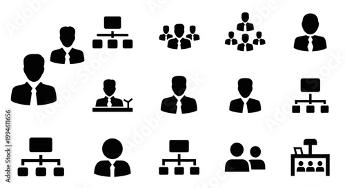 Business Organization Chart Icons: Teamwork, Hierarchy, Management, Leadership, Employees