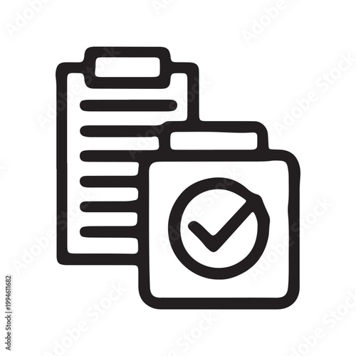 Checklist, documents, verified list, clipboard icons, line style, black and white