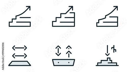 Navigating the Path to Growth: A minimalist graphic illustration depicts ascending stairs and evolving shapes, symbolizing progress, elevation, and upward trajectories.