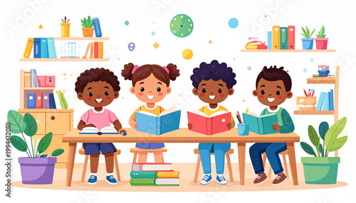 Kids Learning Vector Illustration, Cute Children Studying, Reading Writing Drawing, Playful Classroom, Educational Elements, Flat Modern Design