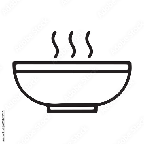 Steaming bowl icon, hot food symbol, black line art, minimalist design, kitchen utensil