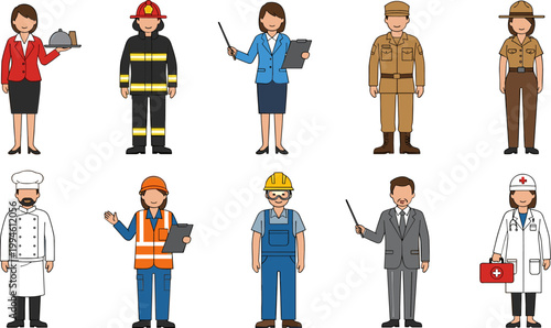 Professional Occupations Avatar Set with Worker Characters Including Engineer, Doctor, Chef, Firefighter, Teacher and Business People for Career Illustration Design