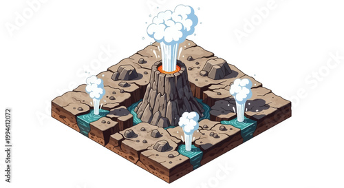 Isometric illustration of a volcanic landscape with geysers, earth and water details