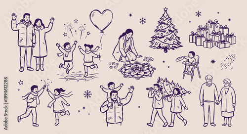 Joyful winter dance celebration people, happy crowd dancing in snow, winter holiday party vector illustration, seasonal energy and movement doodles, people in winter wear art, hand drawn cold weather 