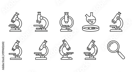 Minimalist science icons collection depicting microscopy, experimentation, and research elements