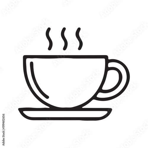 Hot Coffee Cup, Steaming Tea Mug, Black Line Art, Vector Illustration, Isolated White Background