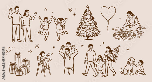 Winter kids playing near tree, children enjoying cold snowy season, happy winter holiday vector illustration, outdoor seasonal fun doodle set, kids in winter wear art, christmas vacation and nature co