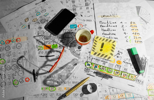 Calendar with business appointments and deadlines,pens coffee and paperwork on messy workplace. Business concept beat the clock, overworked, stress. Free copy space. stock photo