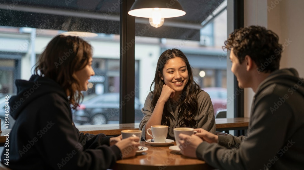 Fototapeta premium Friends Enjoying Coffee at Cozy Cafe in Casual Attire Together