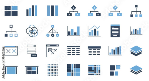 Data Visualization Icons: Charts, Graphs, Flowcharts, Layouts, and Organization
