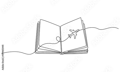 Continuous one line drawing of Minimalist line art book with airplane, travel concept, simple illustration, continuous line drawing