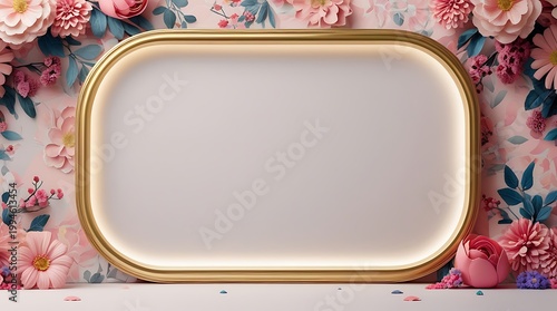Luxury Gold Glowing Frame Surrounded by Dark Pink Blooms