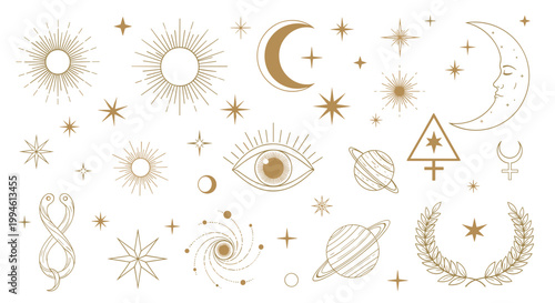 Astrology symbols and celestial icons.
