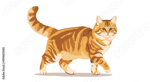 Ginger Tabby Cat Walking Isolated on White Background, Full Body