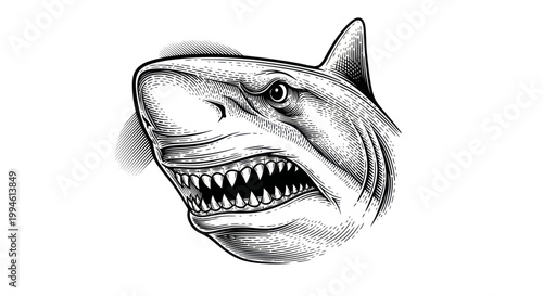 Fierce Shark Head Illustration, Biting, Sharp Teeth, Aggressive Marine Predator