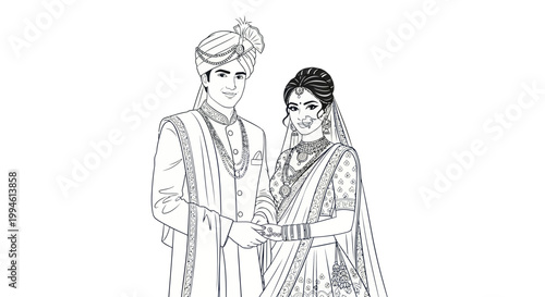 Indian Wedding Couple Portrait, Bride and Groom in Traditional Attire, Line Art Illustration