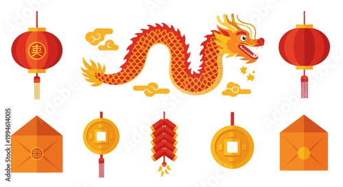 Chinese Dragon, Lanterns, Coins, Envelopes & Firecrackers - Lunar New Year Symbols