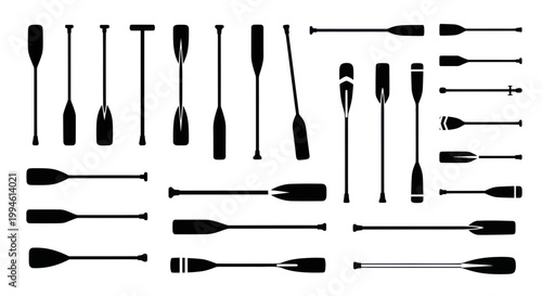 Collection of diverse oars and paddles, silhouette set
