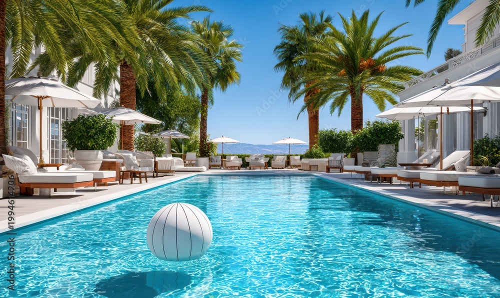 Fototapeta premium Luxury hotel pool with a white beach ball floating among palm trees and sun loungers