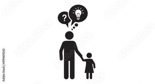 Father and daughter thinking with idea lightbulb icon for education concept