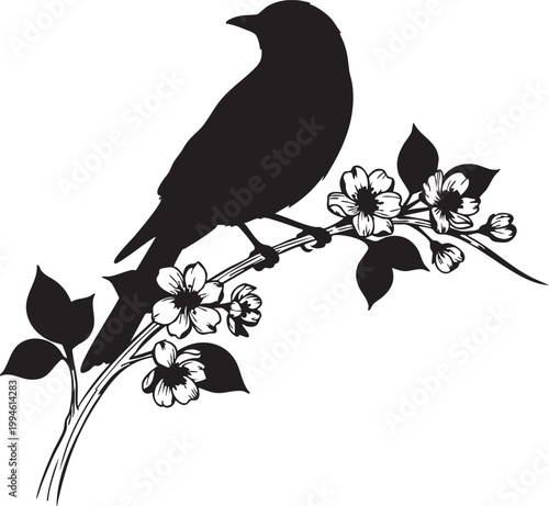 Black crow perched on blooming lilac branch silhouette against sky bird silhouette lilac flowers