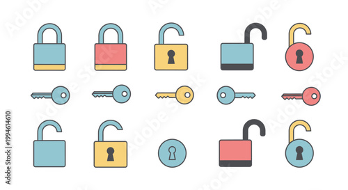 Colorful Lock and Key Icons.