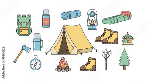 Camping gear and equipment illustration set.
