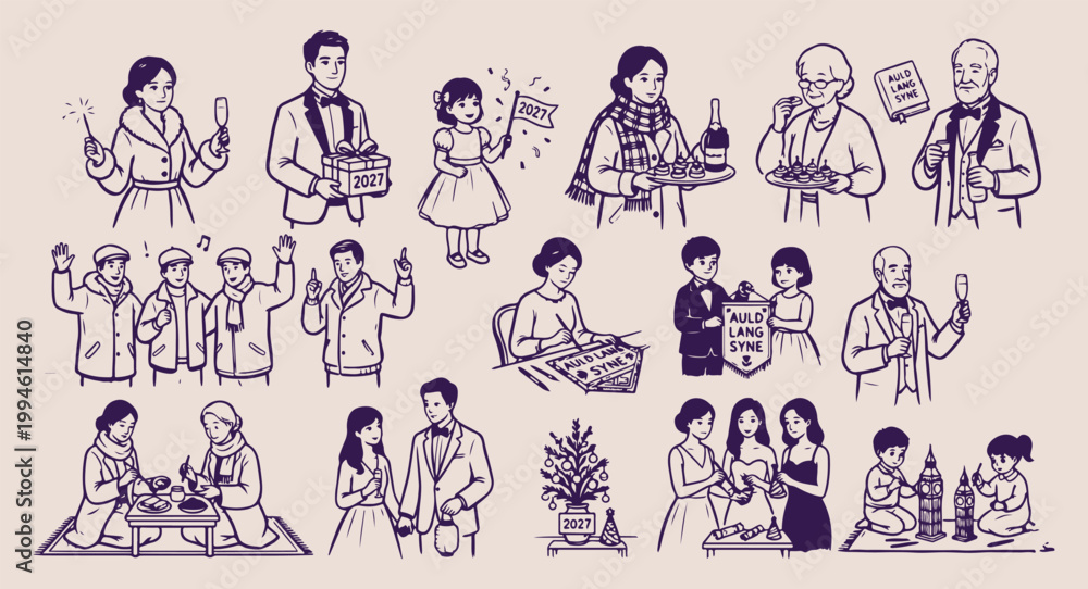 Fototapeta premium Holiday shopping and family gifts set, winter season commerce illustration, people carrying shopping bags and gifts, festive family shopping vector art, seasonal gift giving doodles, winter fashion an