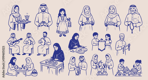 Arabic family and cultural lifestyle set, middle eastern tradition and family, muslim family life vector illustration, ethnic clothing and gathering doodles, traditional arabic hospitality and home, h