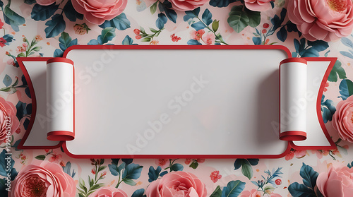 Floral Background with Red Border White Banner and Pink Rose Illustrations