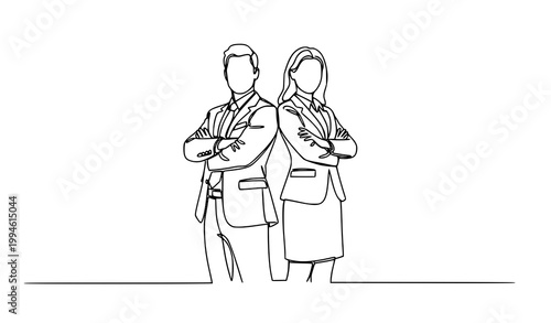 Dynamic continuous line drawing business team with crossed arms confident monoline corporate vector illustration