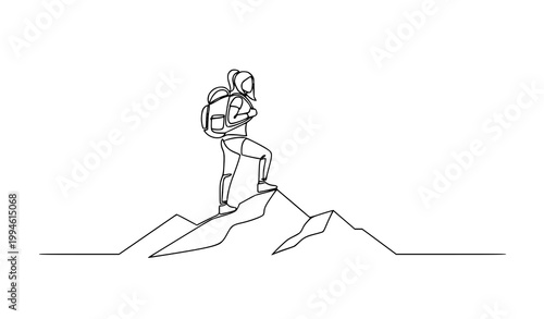 Stylized one line drawing woman hiking mountain peak with backpack minimal geometric travel vector illustration