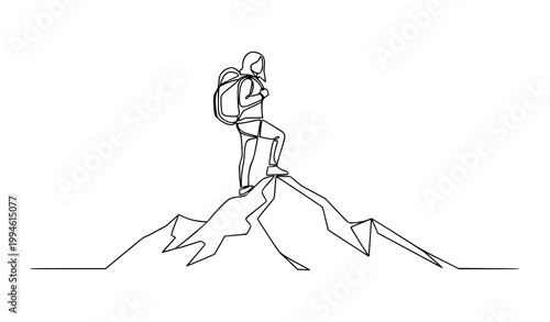 Stylized one line drawing woman hiking mountain peak with backpack minimal geometric travel vector illustration
