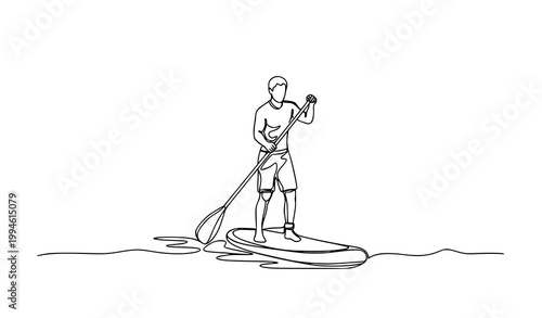 Continuous line drawing man paddle boarding SUP water sport minimal line art vector illustration