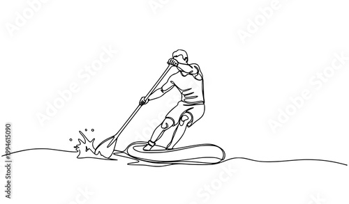 Dynamic continuous line drawing man SUP paddle boarding action monoline water sport vector illustration