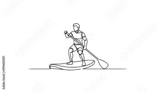 Stylized continuous line drawing man SUP paddle board minimal geometric water sport vector illustration